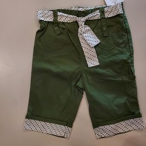 Army Green Cotton Pants With Polka Dot Trim Bottom And Belt Tie